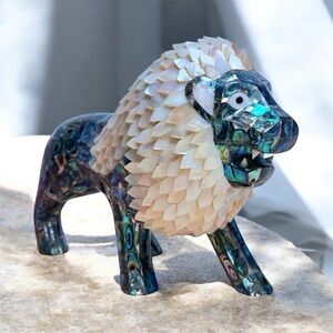 Vintage Lion Sculpture Mother of Pearl & Abalone Shell Inlay – OOAK Handcrafted